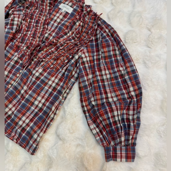 THE GREAT. Ruffle Plaid Button Down Blouse - Picture 6 of 8